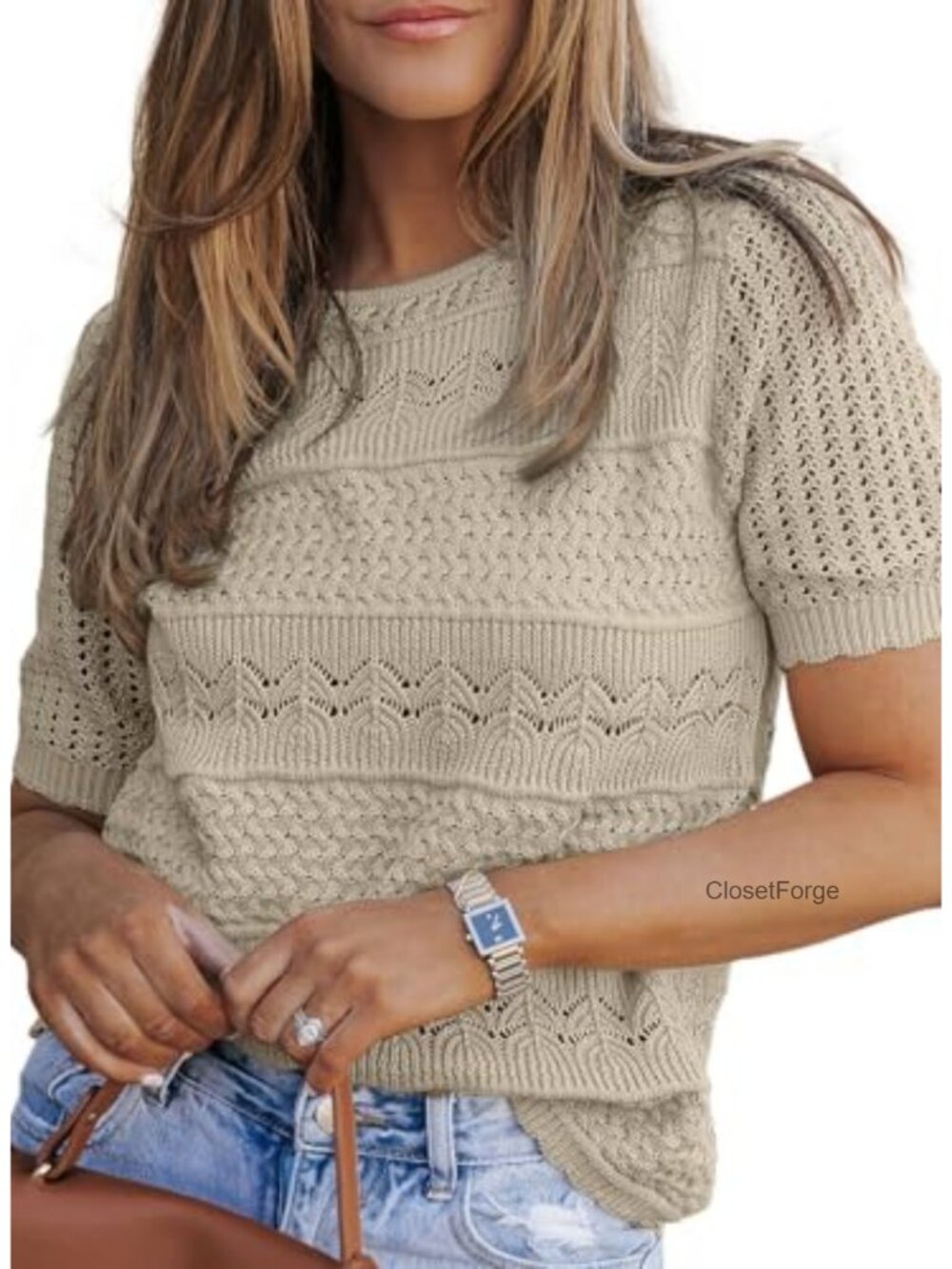 Crochet Knit Hollow Out Pullover Sweater Short Sleeve Crew Neck
